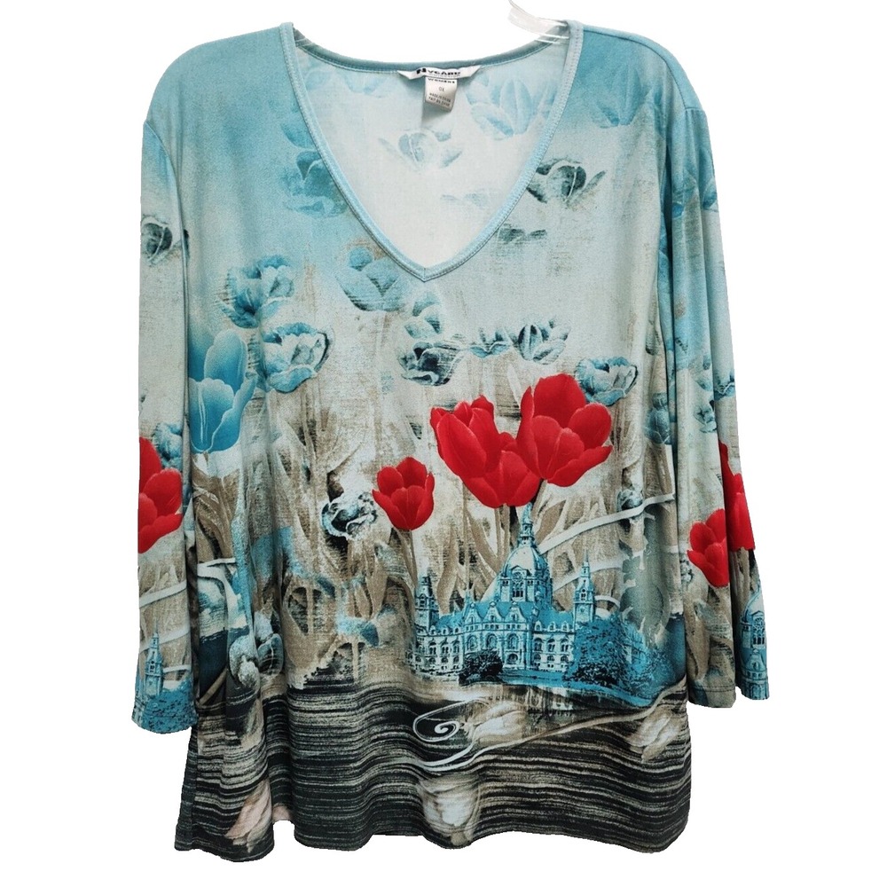 Nygard Collection Womens Wearable Art Top Size 0X Floral 3/4 Sleeve Novelty